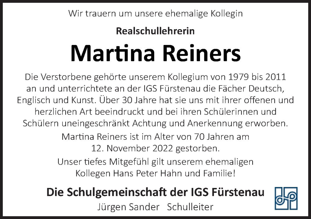  Traueranzeige für Martina Reiners vom 26.11.2022 aus Neue Osnabrücker Zeitung GmbH & Co. KG