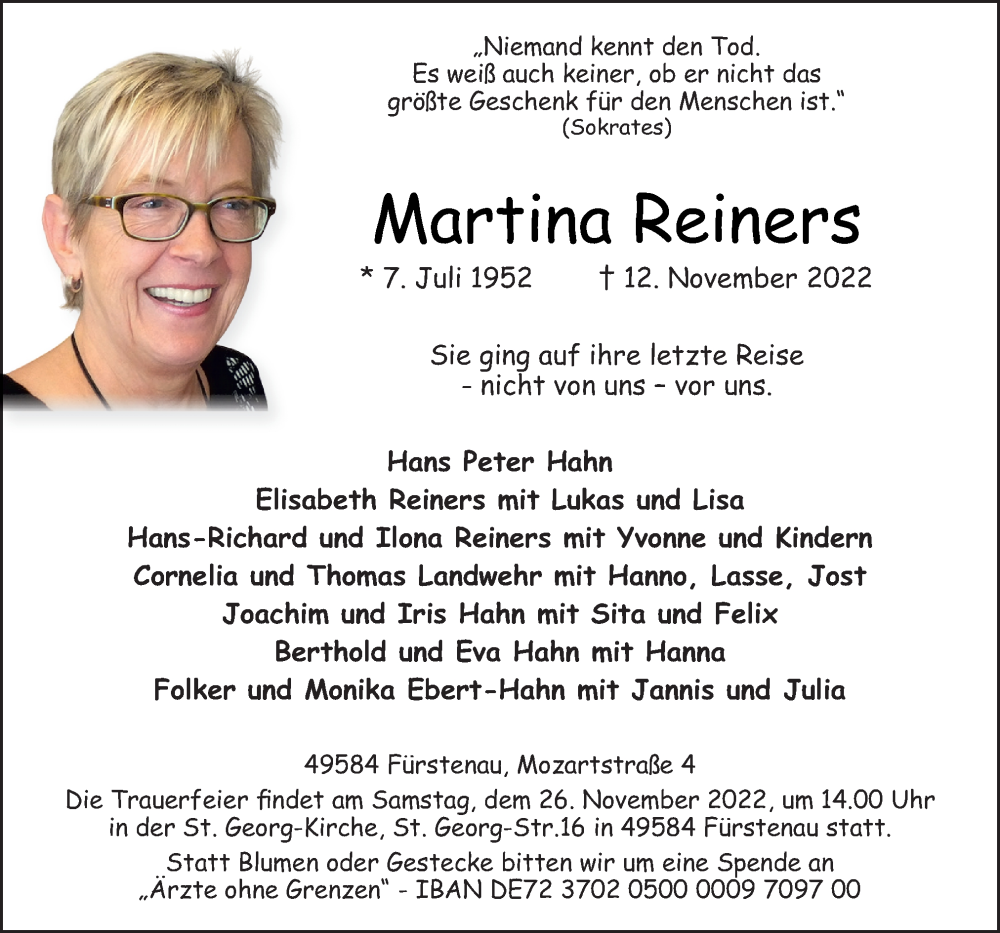  Traueranzeige für Martina Reiners vom 19.11.2022 aus Neue Osnabrücker Zeitung GmbH & Co. KG