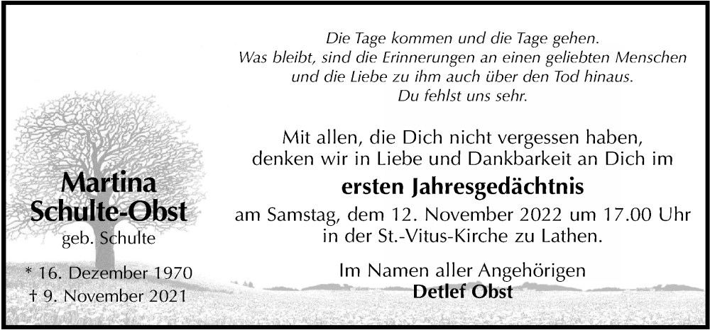 Traueranzeige für Martina Schulte-Obst vom 09.11.2022 aus Neue Osnabrücker Zeitung GmbH & Co. KG