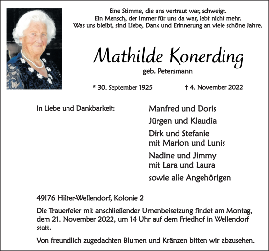 Traueranzeige von Mathilde Konerding von Neue Osnabrücker Zeitung GmbH & Co. KG