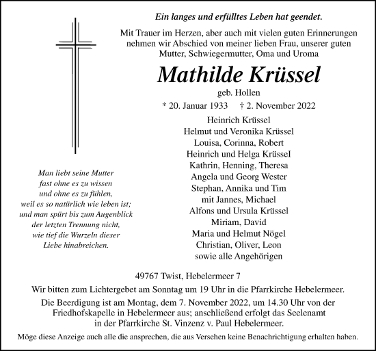 Traueranzeige von Mathilde Krüssel von Neue Osnabrücker Zeitung GmbH & Co. KG