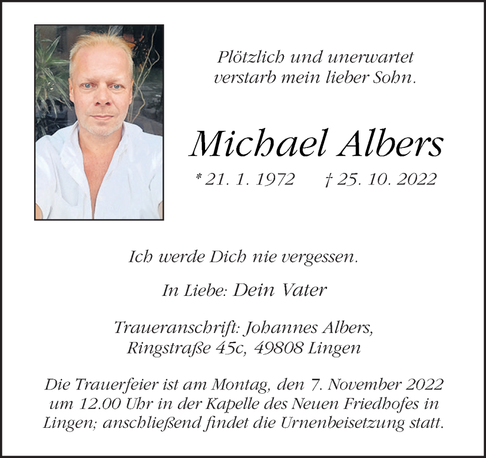  Traueranzeige für Michael Albers vom 05.11.2022 aus Neue Osnabrücker Zeitung GmbH & Co. KG