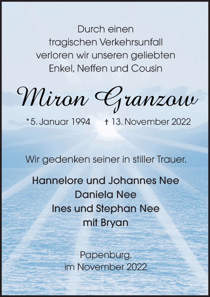  Traueranzeige für Miron Granzow vom 17.11.2022 aus Neue Osnabrücker Zeitung GmbH & Co. KG