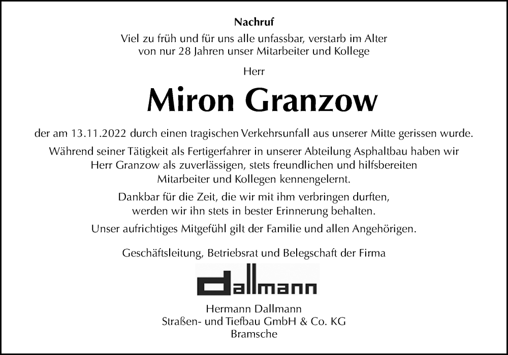  Traueranzeige für Miron Granzow vom 21.11.2022 aus Neue Osnabrücker Zeitung GmbH & Co. KG