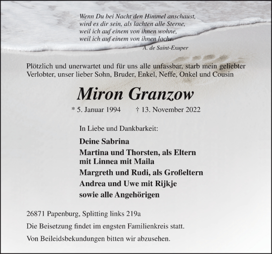 Traueranzeige von Miron Granzow von Neue Osnabrücker Zeitung GmbH & Co. KG