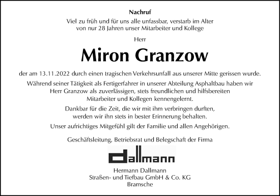 Traueranzeige von Miron Granzow von Neue Osnabrücker Zeitung GmbH & Co. KG