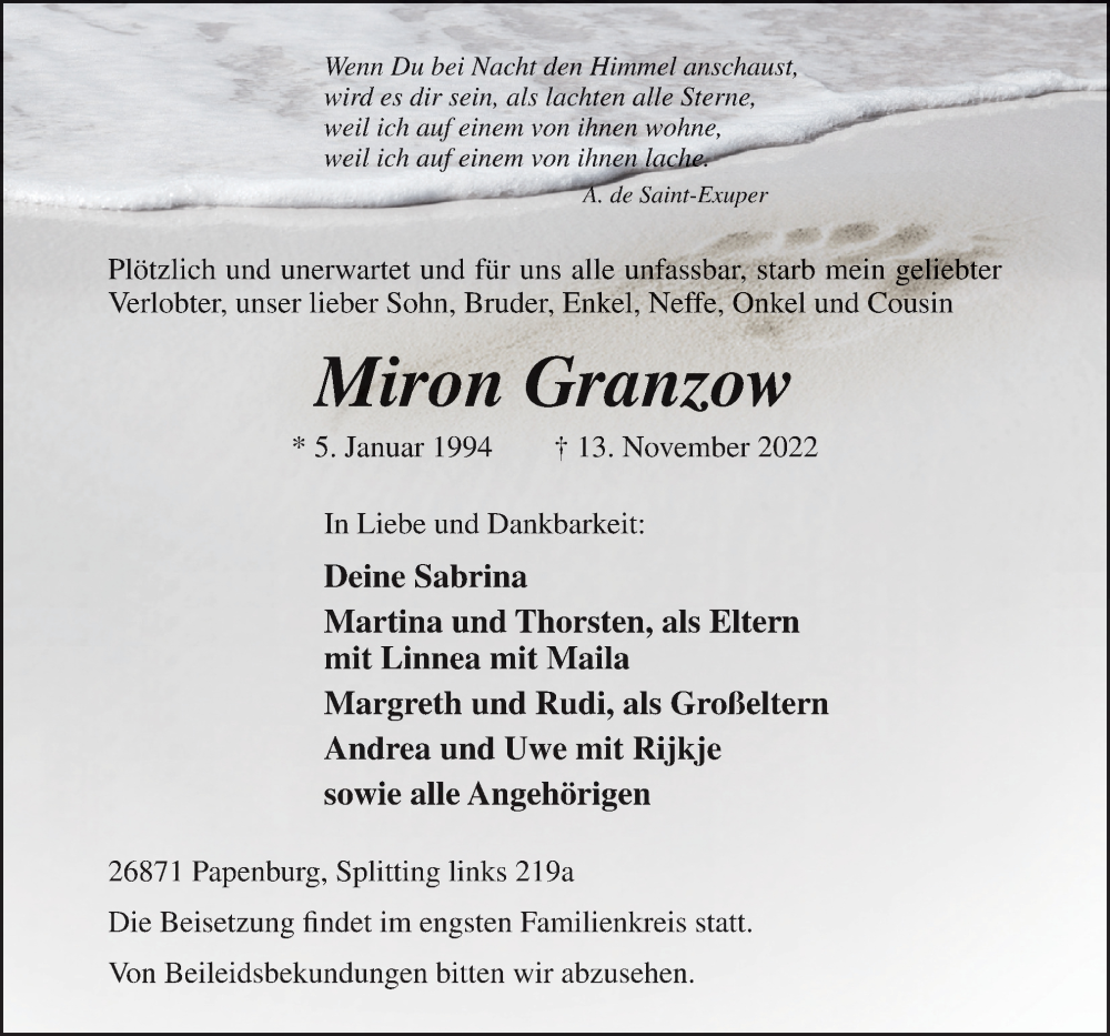  Traueranzeige für Miron Granzow vom 17.11.2022 aus Neue Osnabrücker Zeitung GmbH & Co. KG