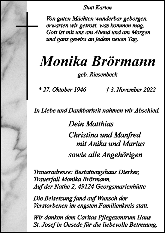 Traueranzeige von Monika Brörmann von Neue Osnabrücker Zeitung GmbH & Co. KG