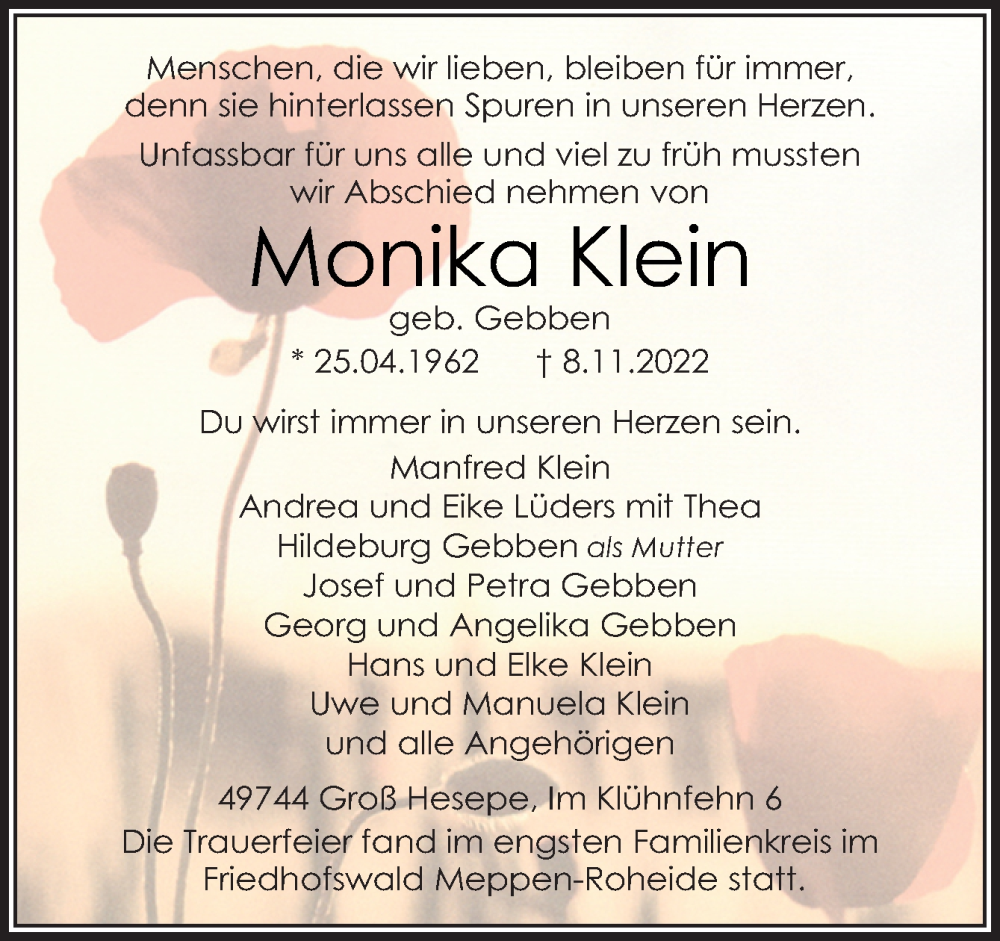  Traueranzeige für Monika Klein vom 19.11.2022 aus Neue Osnabrücker Zeitung GmbH & Co. KG