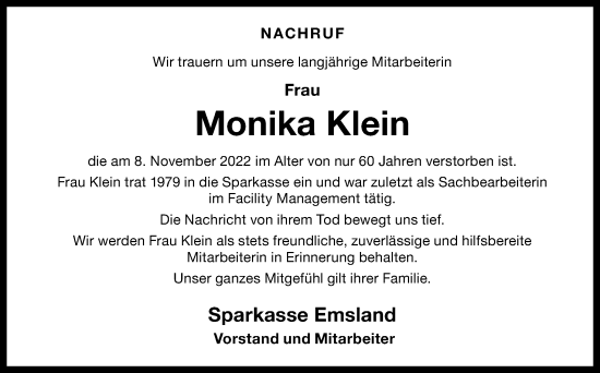 Traueranzeige von Monika Klein von Neue Osnabrücker Zeitung GmbH & Co. KG