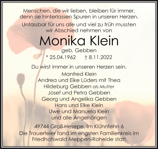 Traueranzeige von Monika Klein von Neue Osnabrücker Zeitung GmbH & Co. KG