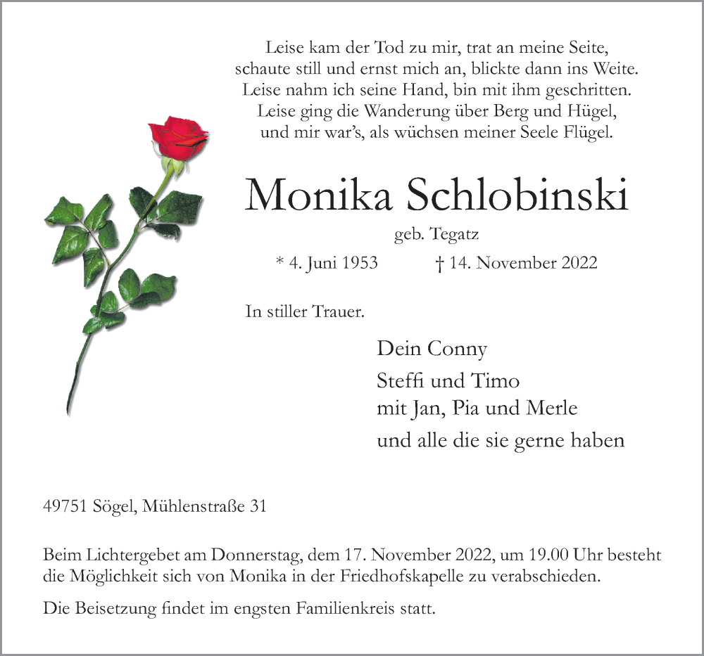  Traueranzeige für Monika Schlobinski vom 16.11.2022 aus Neue Osnabrücker Zeitung GmbH & Co. KG