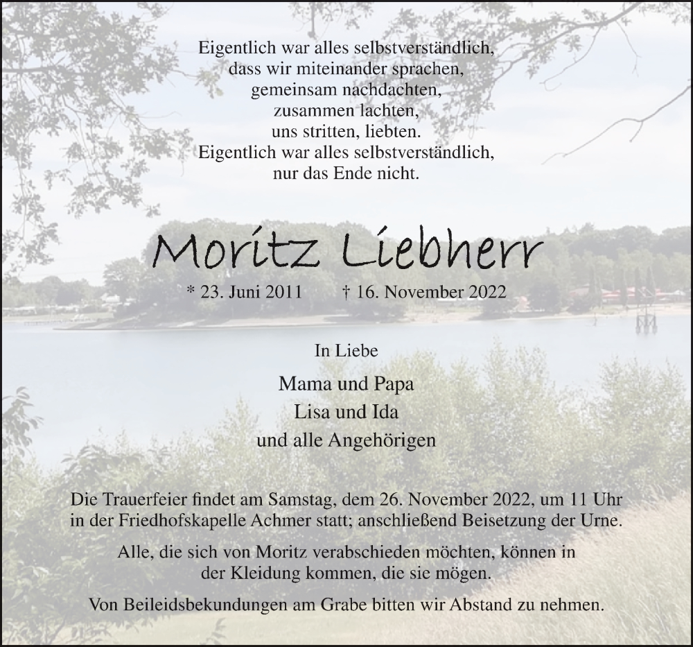  Traueranzeige für Moritz Liebherr vom 23.11.2022 aus Neue Osnabrücker Zeitung GmbH & Co. KG