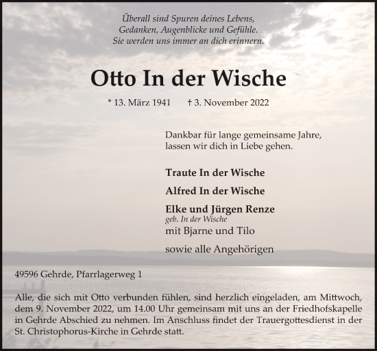 Traueranzeige von Otto In der Wische von Neue Osnabrücker Zeitung GmbH & Co. KG