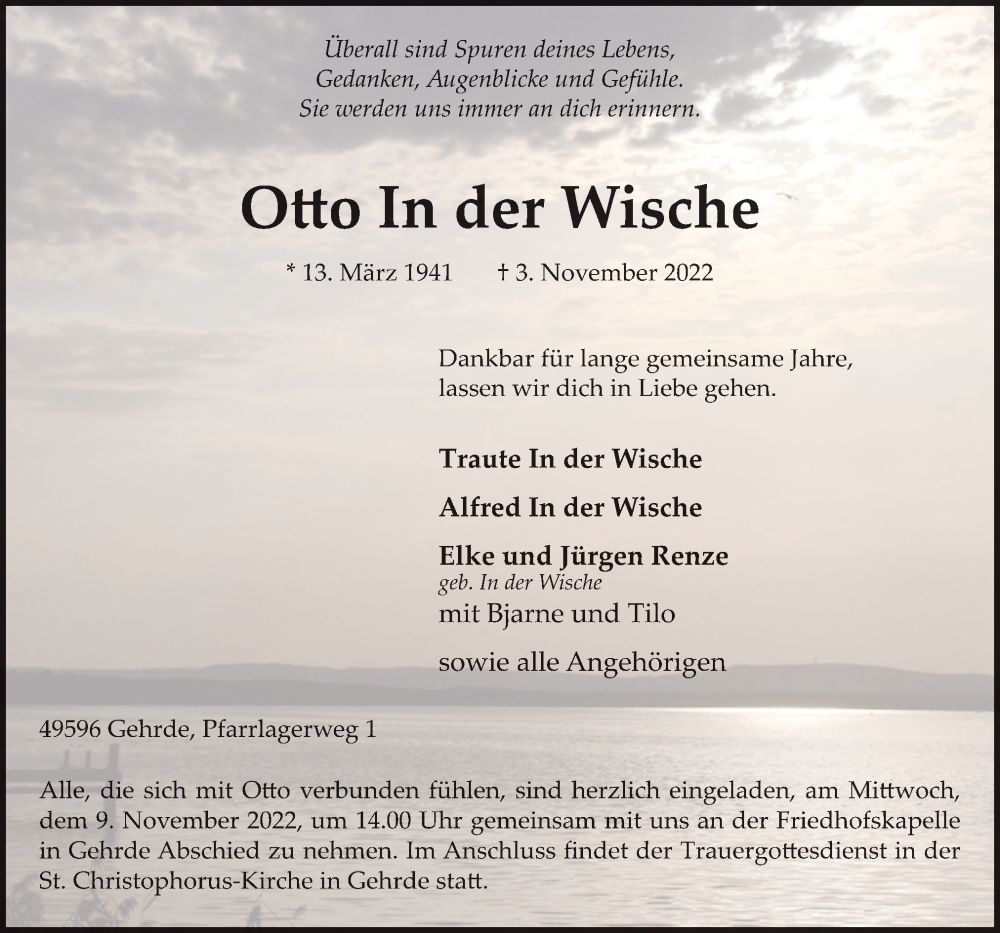  Traueranzeige für Otto In der Wische vom 07.11.2022 aus Neue Osnabrücker Zeitung GmbH & Co. KG