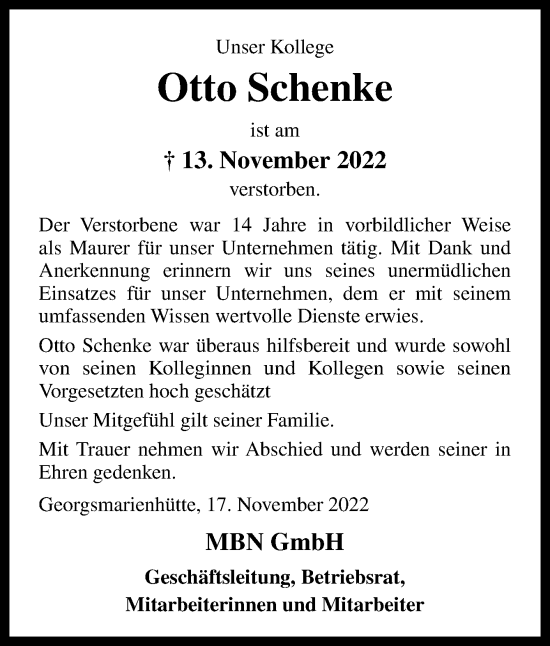 Traueranzeige von Otto Schenke von Neue Osnabrücker Zeitung GmbH & Co. KG