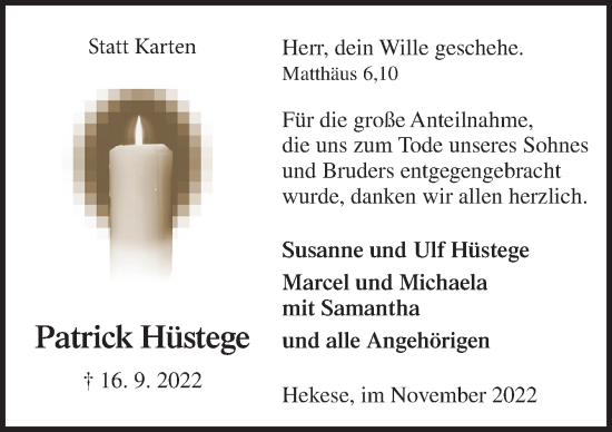 Traueranzeige von Patrick Hüstege von Neue Osnabrücker Zeitung GmbH & Co. KG