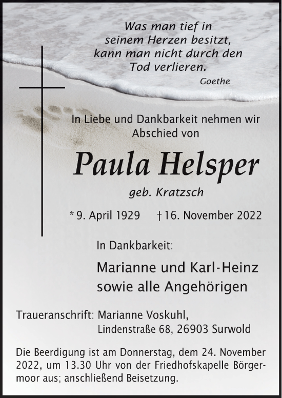 Traueranzeige von Paula Helsper von Neue Osnabrücker Zeitung GmbH & Co. KG