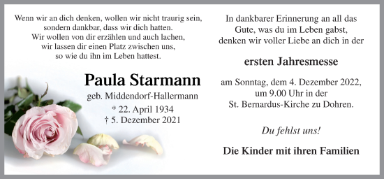 Traueranzeige von Paula Starmann von Neue Osnabrücker Zeitung GmbH & Co. KG