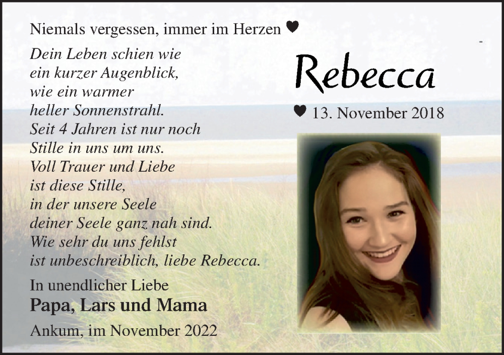  Traueranzeige für Rebecca Fleddermann vom 12.11.2022 aus Neue Osnabrücker Zeitung GmbH & Co. KG