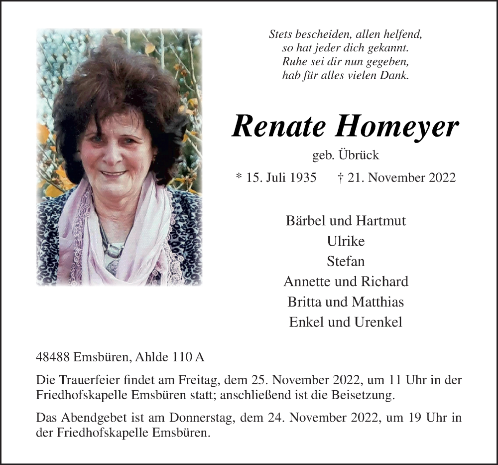  Traueranzeige für Renate Homeyer vom 24.11.2022 aus Neue Osnabrücker Zeitung GmbH & Co. KG