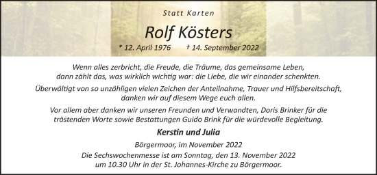 Traueranzeige von Rolf Kösters von Neue Osnabrücker Zeitung GmbH & Co. KG