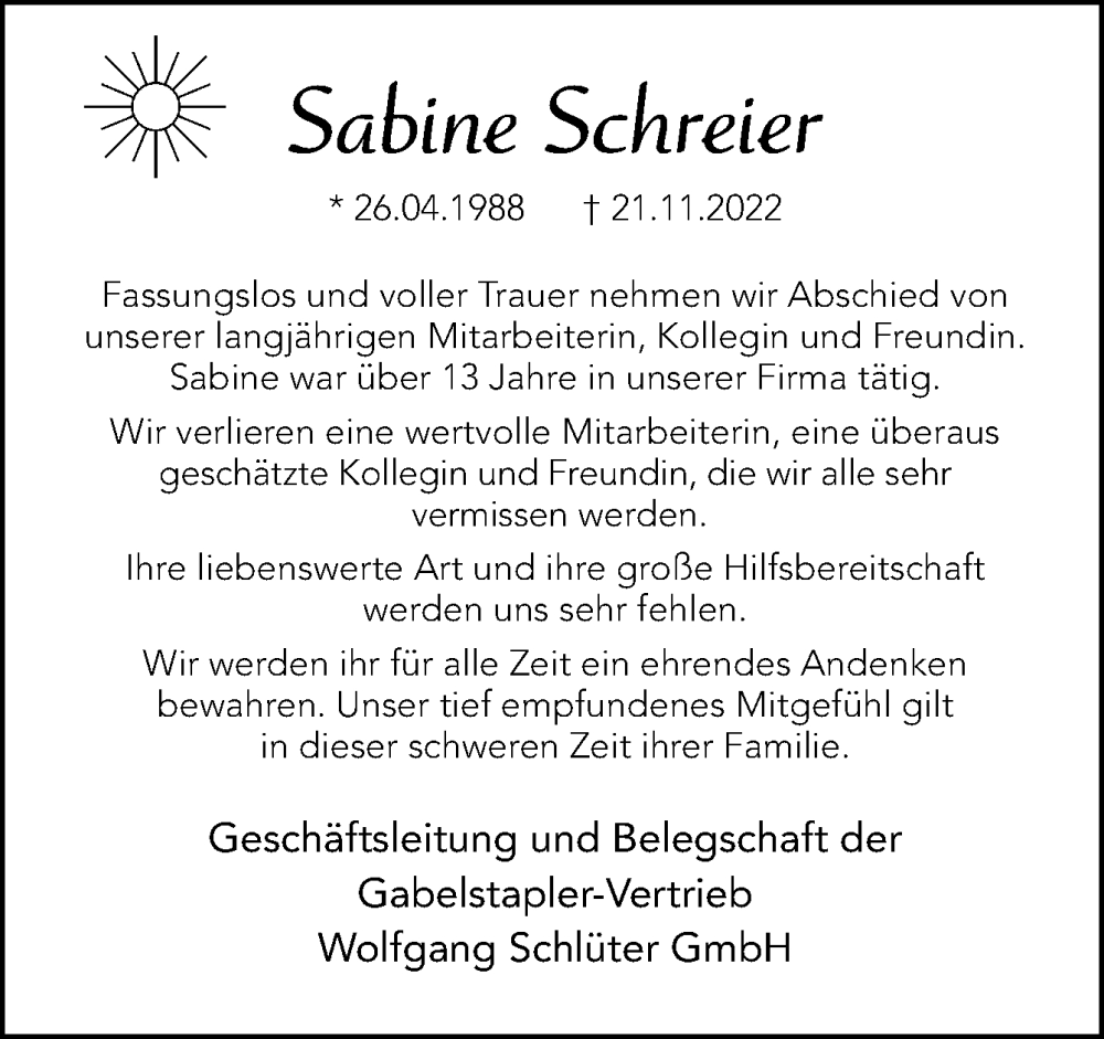  Traueranzeige für Sabine Schreier vom 26.11.2022 aus Neue Osnabrücker Zeitung GmbH & Co. KG