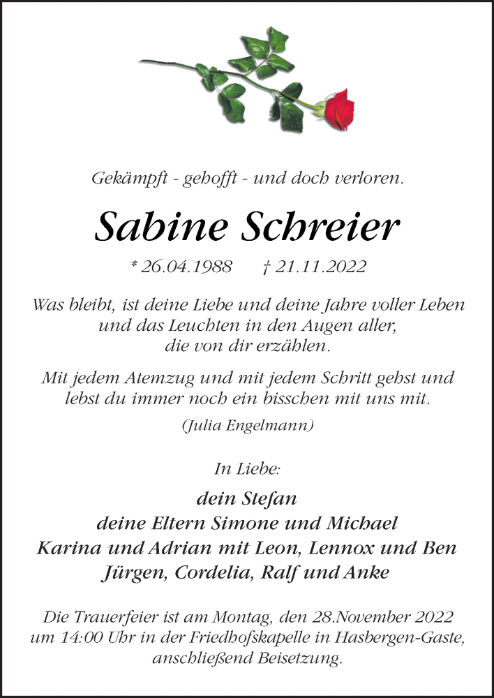  Traueranzeige für Sabine Schreier vom 26.11.2022 aus Neue Osnabrücker Zeitung GmbH & Co. KG