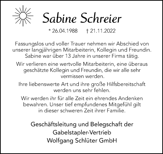 Traueranzeige von Sabine Schreier von Neue Osnabrücker Zeitung GmbH & Co. KG