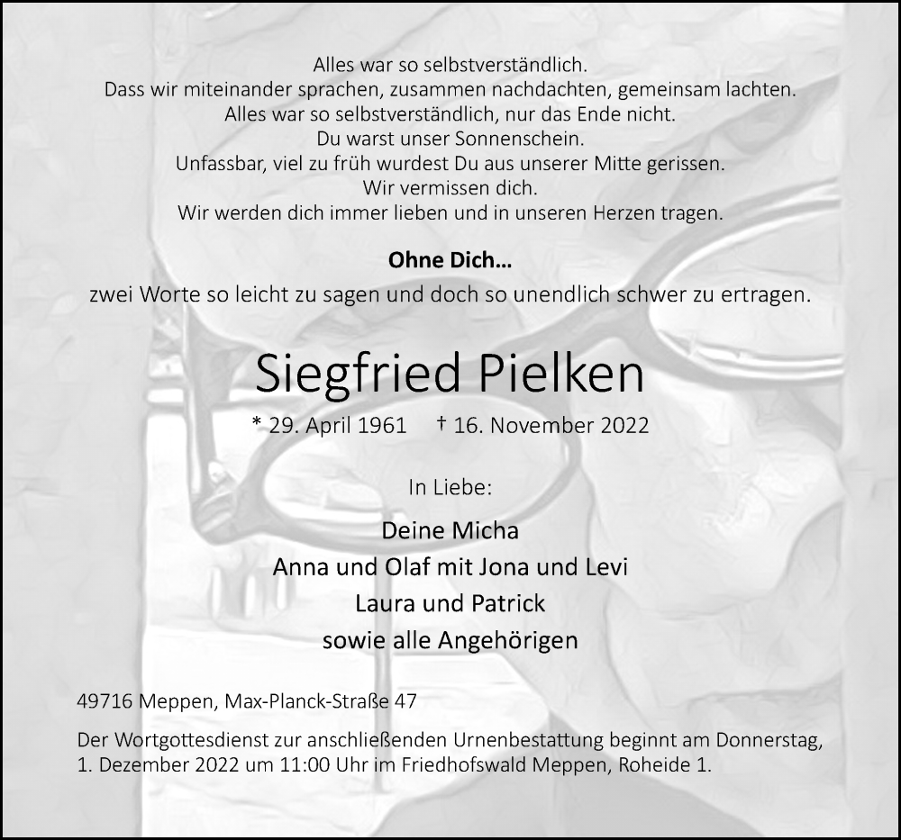  Traueranzeige für Siegfried Pielken vom 23.11.2022 aus Neue Osnabrücker Zeitung GmbH & Co. KG