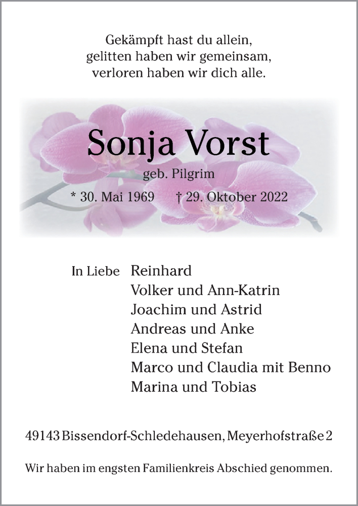  Traueranzeige für Sonja Vorst vom 19.11.2022 aus Neue Osnabrücker Zeitung GmbH & Co. KG