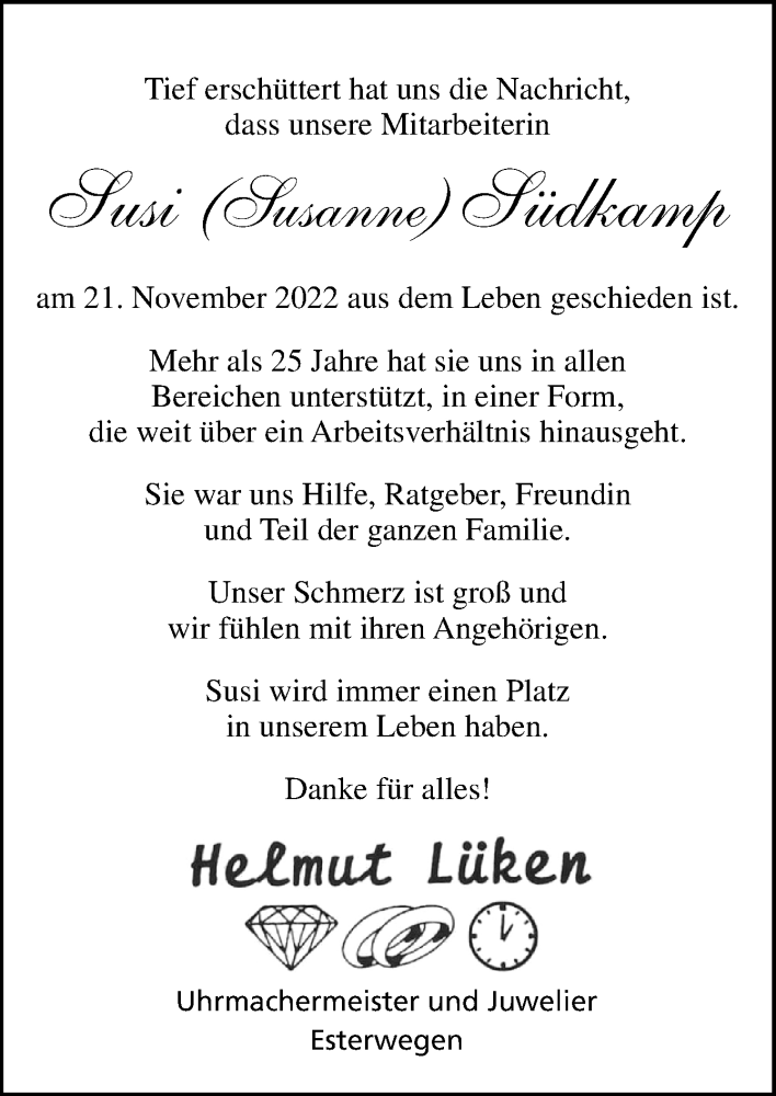  Traueranzeige für Susi Südkamp vom 23.11.2022 aus Neue Osnabrücker Zeitung GmbH & Co. KG