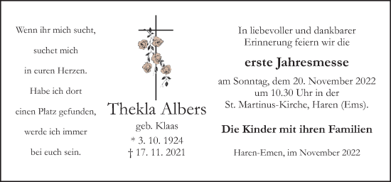 Traueranzeige von Thekla Albers von Neue Osnabrücker Zeitung GmbH & Co. KG