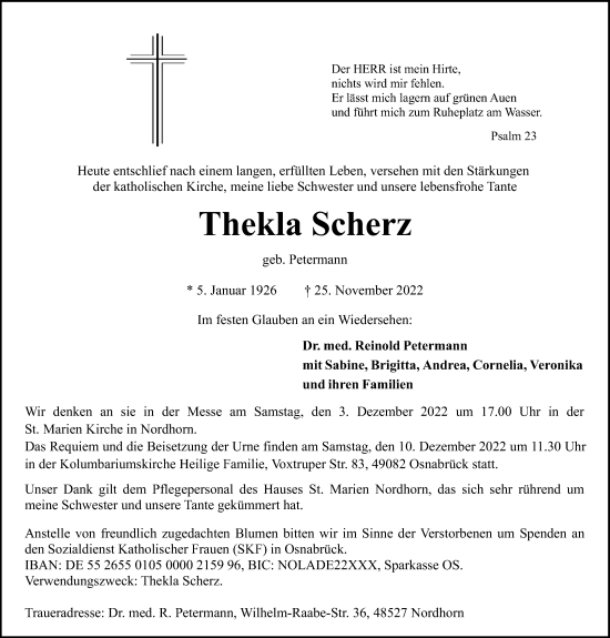 Traueranzeige von Thekla Scherz von Neue Osnabrücker Zeitung GmbH & Co. KG