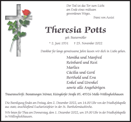 Traueranzeige von Theresia Potts von Neue Osnabrücker Zeitung GmbH & Co. KG