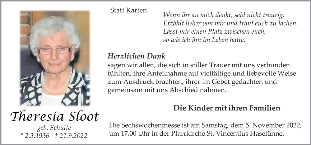  Traueranzeige für Theresia Sloot vom 02.11.2022 aus Neue Osnabrücker Zeitung GmbH & Co. KG