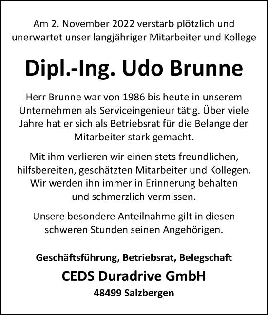 Traueranzeige von Udo Brunne von Neue Osnabrücker Zeitung GmbH & Co. KG