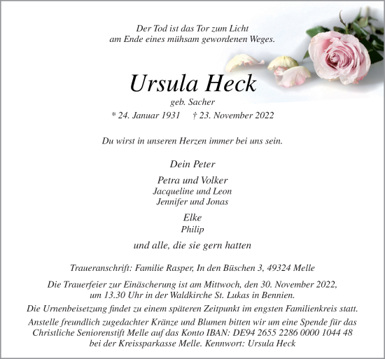 Traueranzeige von Ursula Heck von Neue Osnabrücker Zeitung GmbH & Co. KG