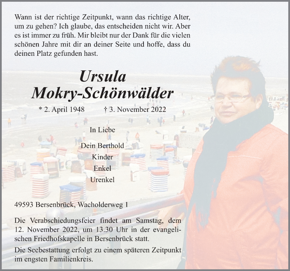  Traueranzeige für Ursula Mokry-Schönwälder vom 07.11.2022 aus Neue Osnabrücker Zeitung GmbH & Co. KG