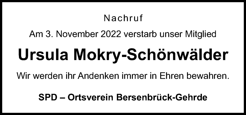  Traueranzeige für Ursula Mokry-Schönwälder vom 09.11.2022 aus Neue Osnabrücker Zeitung GmbH & Co. KG