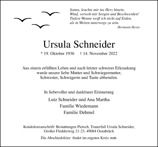 Traueranzeige von Ursula Schneider von Neue Osnabrücker Zeitung GmbH & Co. KG