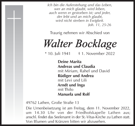 Traueranzeige von Walter Bocklage von Neue Osnabrücker Zeitung GmbH & Co. KG