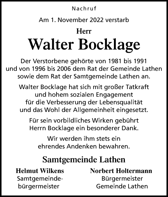 Traueranzeige von Walter Bocklage von Neue Osnabrücker Zeitung GmbH & Co. KG