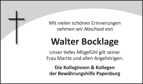 Traueranzeige von Walter Bocklage von Neue Osnabrücker Zeitung GmbH & Co. KG