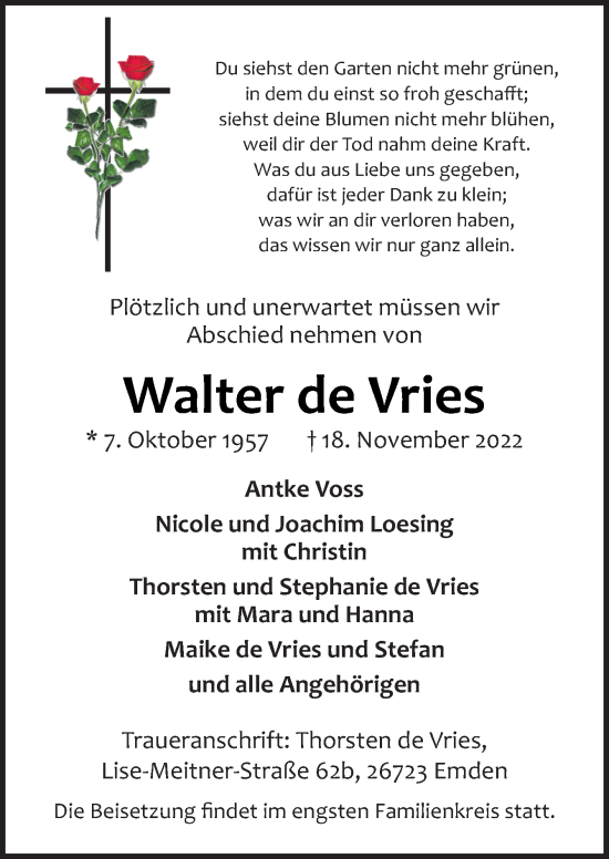 Traueranzeige von Walter de Vries von Neue Osnabrücker Zeitung GmbH & Co. KG