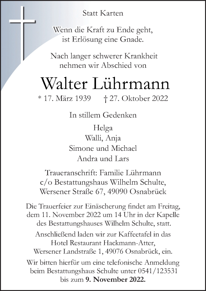 Traueranzeige für Walter Lührmann vom 05.11.2022 aus Neue Osnabrücker Zeitung GmbH & Co. KG