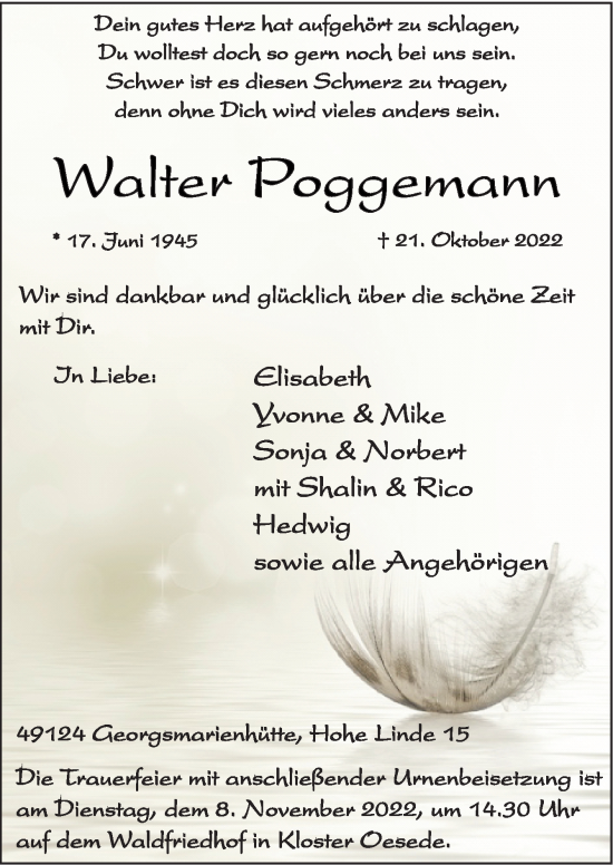 Traueranzeige von Walter Poggemann von Neue Osnabrücker Zeitung GmbH & Co. KG