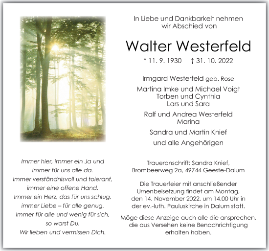 Traueranzeige von Walter Westerfeld von Neue Osnabrücker Zeitung GmbH & Co. KG