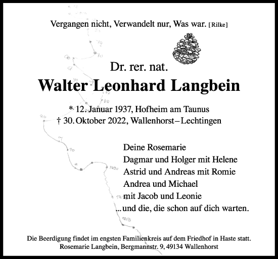 Traueranzeige von Walter Leonhard Langbein von Neue Osnabrücker Zeitung GmbH & Co. KG