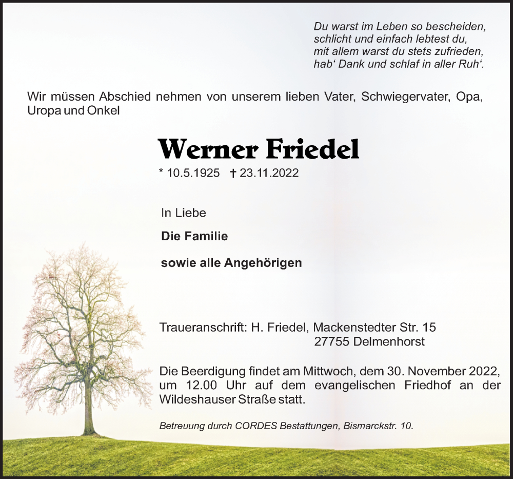  Traueranzeige für Werner Friedel vom 26.11.2022 aus DK Medien GmbH & Co. KG